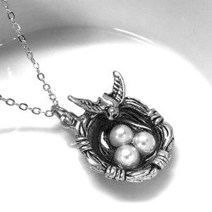 Miniature bird with bird nest and faux pearl egg Charm Necklace